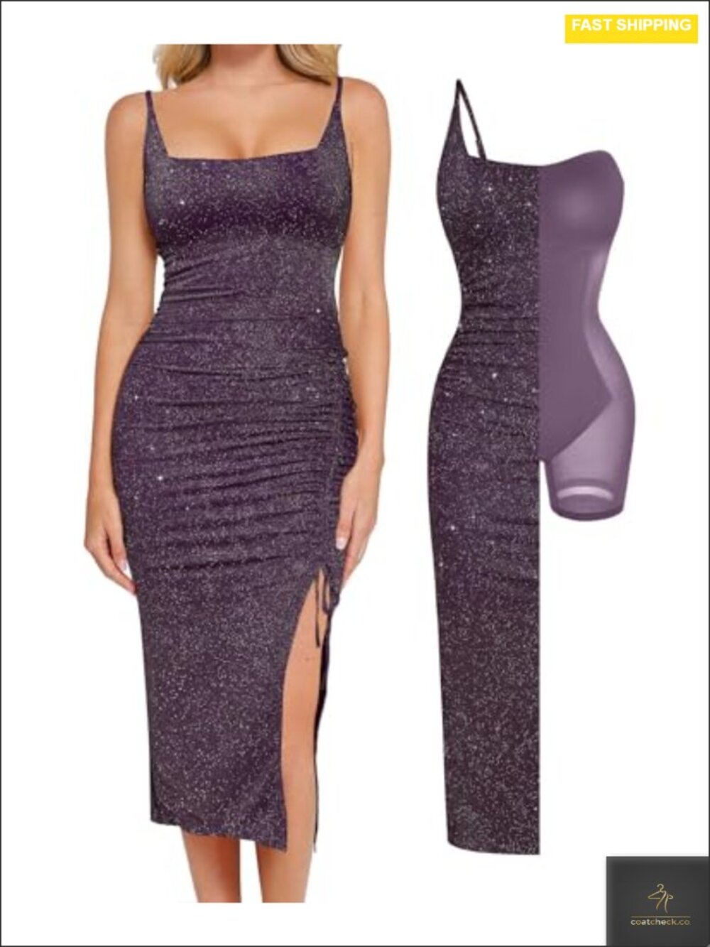 Sparkly Cocktail Shapewear Dress Women Built-in Bra Nylon Spandex Midi